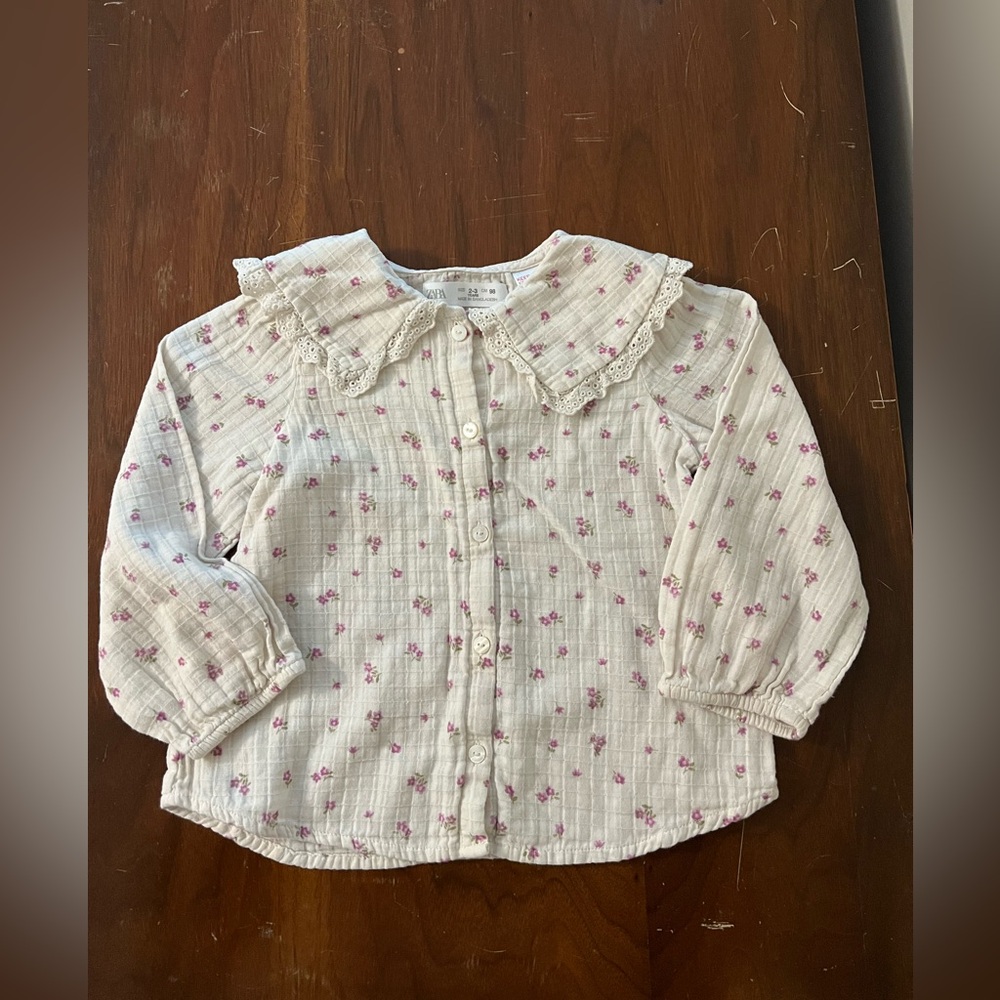 Zara Kids White and Pink Floral Blouse with Lace Collar
